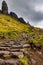 Walkers and hikers on the dramatic mountains of the Trotternish Ridge and Storr on the Isle of Skye, Scotland