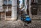 Walking along the old streets of the Croatian city of Rovinj in a blue car. Croatia