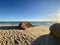 Walking along the sandy beach of Praia Da Gale in Algarve, south of Portugal