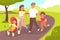 Walking with baby. Happy family couple in summer park. Young mom, dad and children stroll outdoor, parents with kid in
