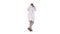 Walking doctor putting white robe on on white background.