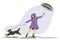 Walking dog in bad rain weather flat composition with woman in raincoat with umbrella and dog vector illustration