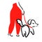 Walking dog line illustration for modern card. Sketch pet walks on leash vector design. Thin outline training animal