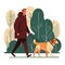 Walking dog in winter forest, friendship symbolized