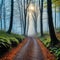 a walking down a path in a forest with sunlight streaming through the trees on a foggy day with sun beams coming through the