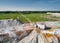 Walking dragline digs chalk in quarry on summer day