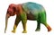 Walking elephant painted in psychedelic  colors red, green, blue and yellow. Side view isolated on white