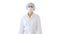 Walking female doctor wearing surgical mask on white background.