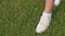 Walking girl in white sneakers on the green grass.