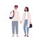 Walking happy modern young people. Couple in love, holding hands and looking at each other. Romantic stylish woman and