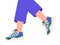 Walking legs in sneakers vector illustration. Flat female legs wearing fitness training shoes, casual female footwear. Stylish