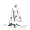 Walking man carrying shopping bags in both hands, back view, Vector sketch, Hand drawn illustration