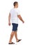 Walking Man In White T-shirt. Rear Side View