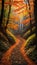 A walking path in the forest with yellow leaves wallpaper background ai generated