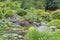 Walking path through oriental garden with pond, rocks, lantern