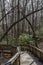 Walking path on wood boardwalk thru woods