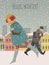 Walking people in the city -modern concept illustration of people, walking under the snow in the street against the