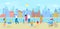 Walking people at embankment city, vector illustration. Summer outdoor landscape, flat man woman character near river