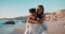 Walking, piggy back and black couple on beach together for bonding, relax and relationship. Dating, travel and happy man