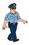 Walking policeman in uniform and glasses. Cartoon