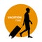 Walking senior man holding suitcase and passport for holidays vacation time. illustration