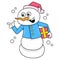 Walking snowman brings a surprise christmas gift, doodle icon image kawaii