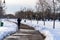 Walking on snowy trail in Bucharest, Romania, 2021. Snow on streets, snowy road, winter day