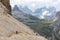 Walking summer trekking in the Dolomites. People in the mountains. Mountain view Italian Alps.