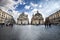 Walking tour Italy. Piazza del Popolo in Rome. Twin churches.