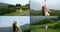 Walking of tourist woman on mountain tea plantations in ecological area, collage shot