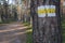 Walking trail marks and signs on trees showing direction for hikers in forest