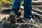 walking trek in the park, foot of a tourist close-up