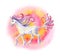 Walking unicorn with flowing mane and tail against of a spiral pink background. hand drawn watercolor illustration