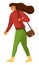 Walking woman with bag on shoulder, isolated cartoon character, young girl wearing warm sweater