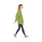 Walking Woman Character Wearing Hoody Taking Steps Forward Side View Vector Illustration