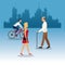 Walking woman elder man young ride bike city background