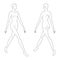 Walking women Fashion template 9 nine head size female with main lines for technical drawing. Lady figure front, 3-4