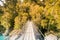 Walking wooden suspension bridge in tropical jungle