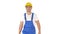 Walking worker in yellow helmet on white background.