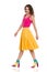 Walking Young Woman In Colorful High Heels, Yellow Skirt And Pink Top