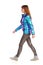 Walking Young Woman In Vibrant Down Jacket And Shiny Pants
