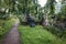 Walkway through abandoned cemetery between graves and tombs.