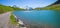 Walkway around pictorial lake Bachalpsee, alpine landscape Grindelwald first, bernese oberland