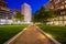 Walkway and buildings at Center Plaza at night, in downtown Baltimore, Maryland