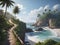 A walkway on the cliffside overlooks the sea waves and a beach with coconut trees in summer.