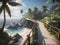 A walkway on the cliffside overlooks the sea waves and a beach with coconut trees in summer.