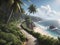 A walkway on the cliffside overlooks the sea waves and a beach with coconut trees in summer.