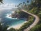 A walkway on the cliffside overlooks the sea waves and a beach with coconut trees in summer.