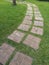 Walkway in the park Brick block placed on the green grass pattern material pavement sidewalk pathway passageway