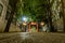 Walkway with red Torii Gate leading to Hanazono-jinja Shinto Shrine in Shinjuku, Tokyo, Japan, at night.